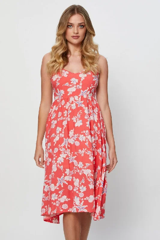 Print Midi Dress Sleeveless Square Neck