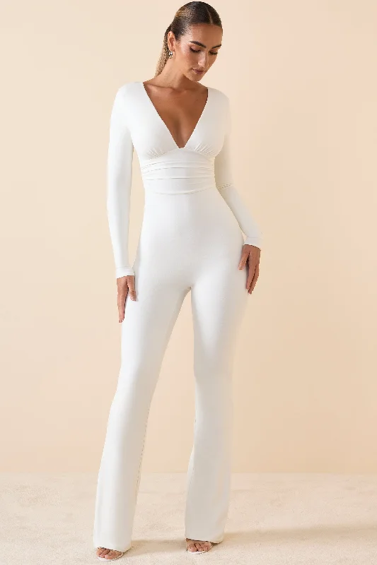 Modal Ruched Plunge Flared Jumpsuit in White