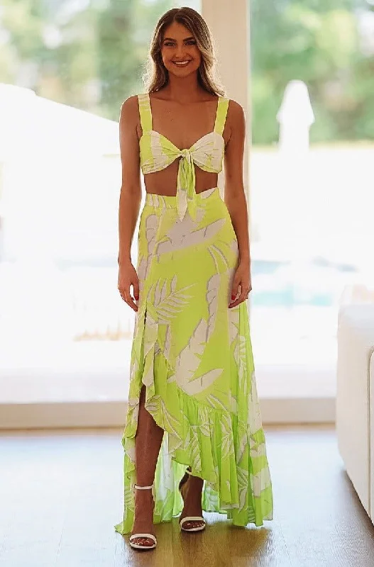 Go With the Flow Maxi Skirt - Lime Green and White